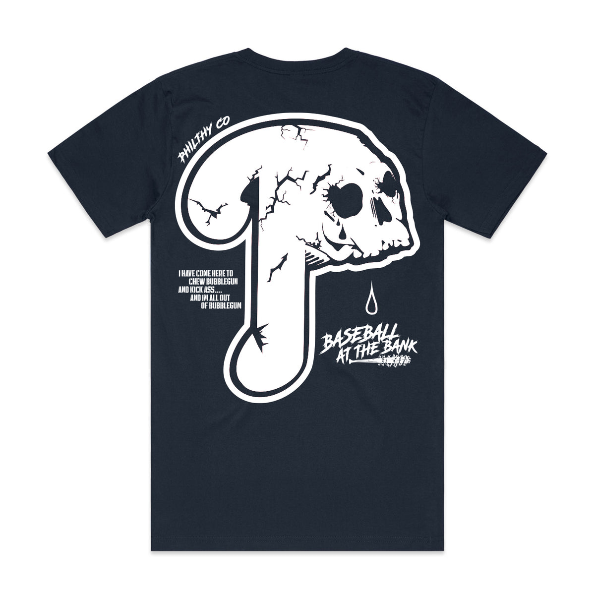 Philadelphia Phillies Logo Tee with white P Skull Logo and Bedlam at the Bank design in a very dark Navy Blue color