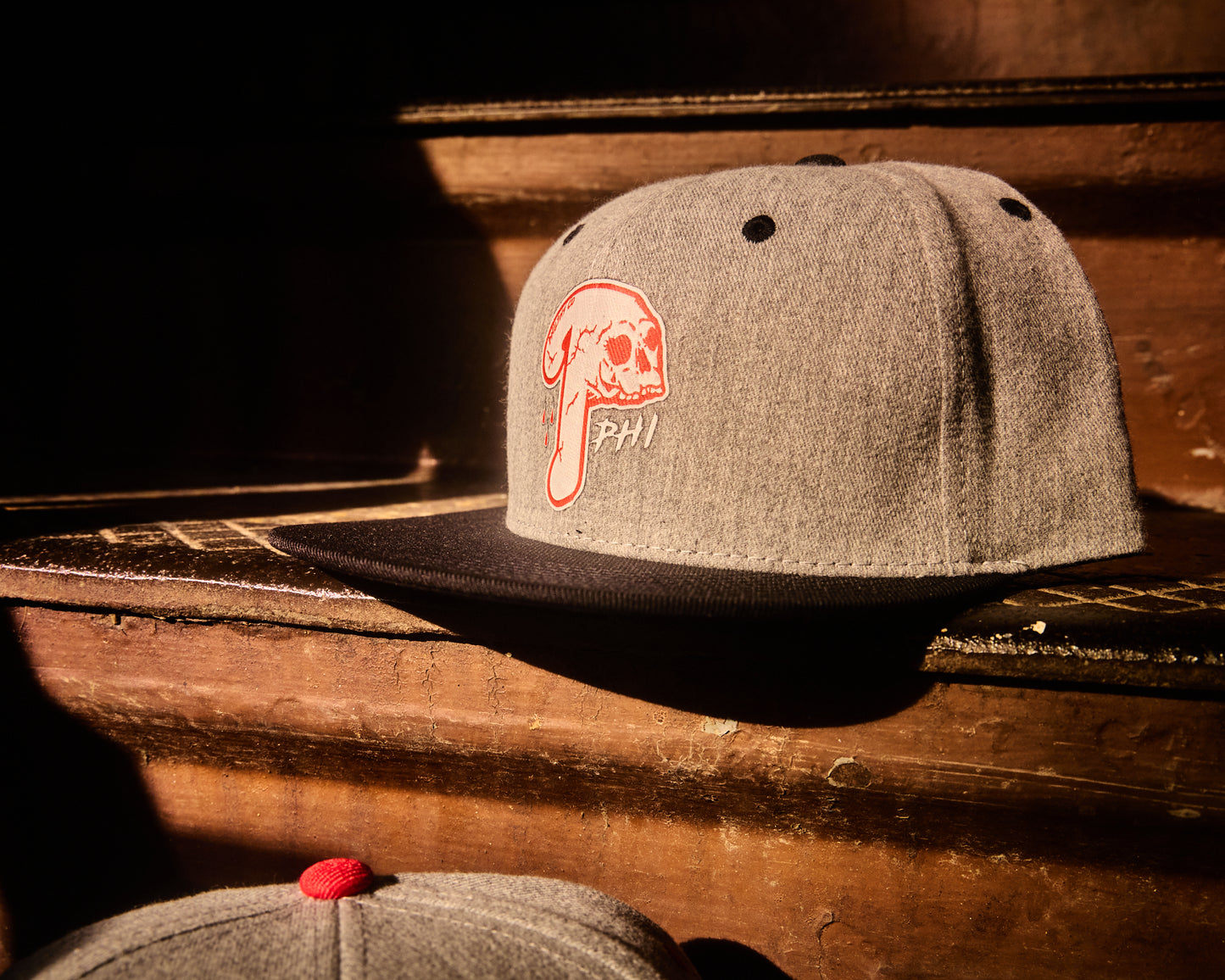Philadelphia snapback red and white logo with skull design and tear drops with white PHL snapback hat