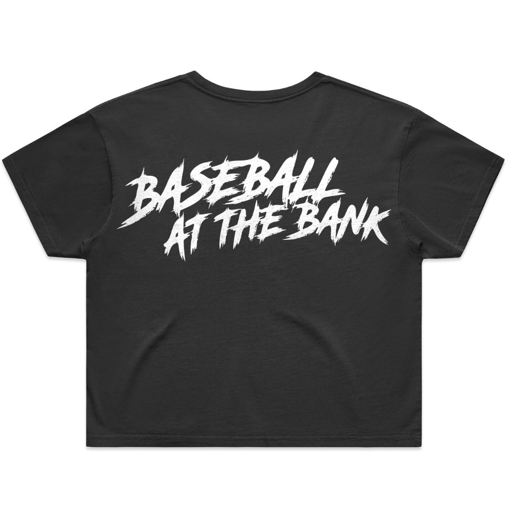 Philadelphia Phillies Womens Crop Top Tee shirt with Bedlam at the bank design on back and Old school Phillies P Logo on front in vintage black