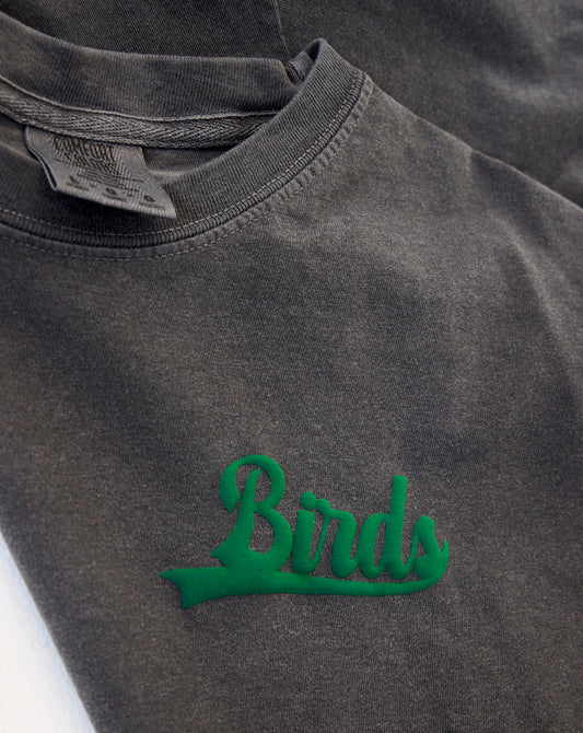 BIRDS WOMENS BOXY TEE - MIDNIGHT GREEN BIRDS SCRIPT