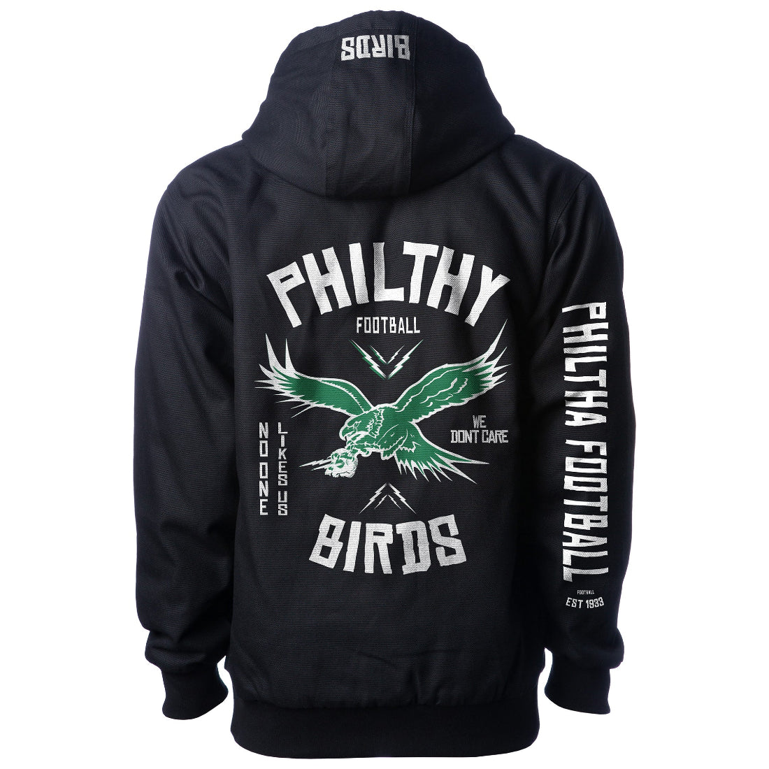 PHILADELPHIA EAGLES PHILTHY BIRDS INSULATED WORKWEAR JACKET with white and kelly green eagles design, Go Birds and no one likes us we dont care text