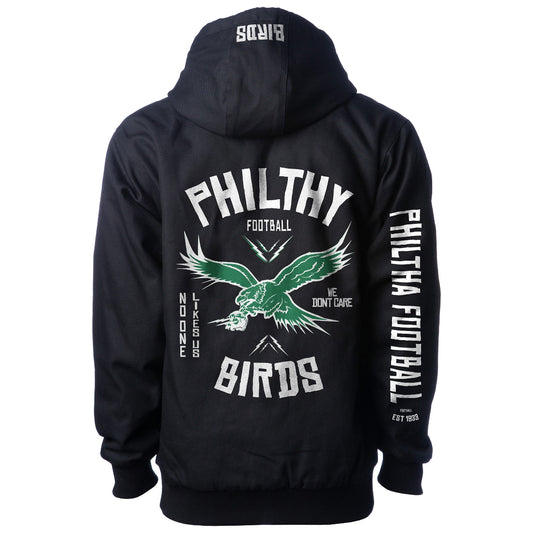 PHILADELPHIA EAGLES PHILTHY BIRDS INSULATED WORKWEAR JACKET with white and kelly green eagles design, Go Birds and no one likes us we dont care text