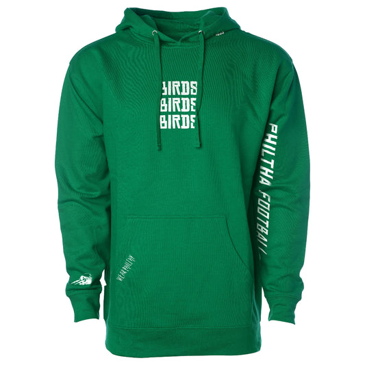 Philadelphia Eagles kelly green hoody with white eagles logo with skull in talons saying Philthy Birds and no one likes us we dont care with philthadelphia football on the sleeve