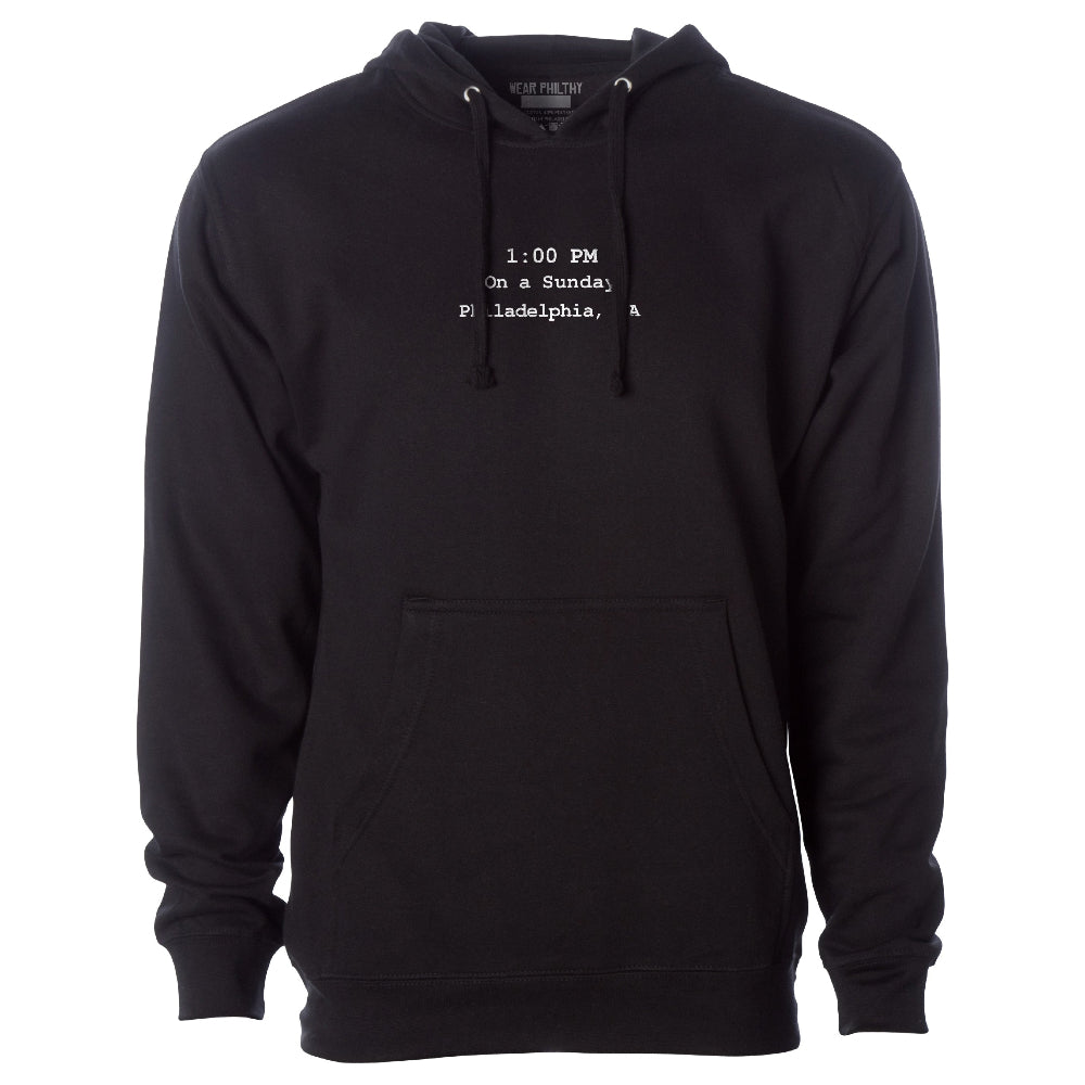 Its Always Sunny Inspired Philadelphia hoody, No One Like's Us, We Don't Care with the opening credits on the front in various times. "Sunday - Philadelphia PA 1:00P"
