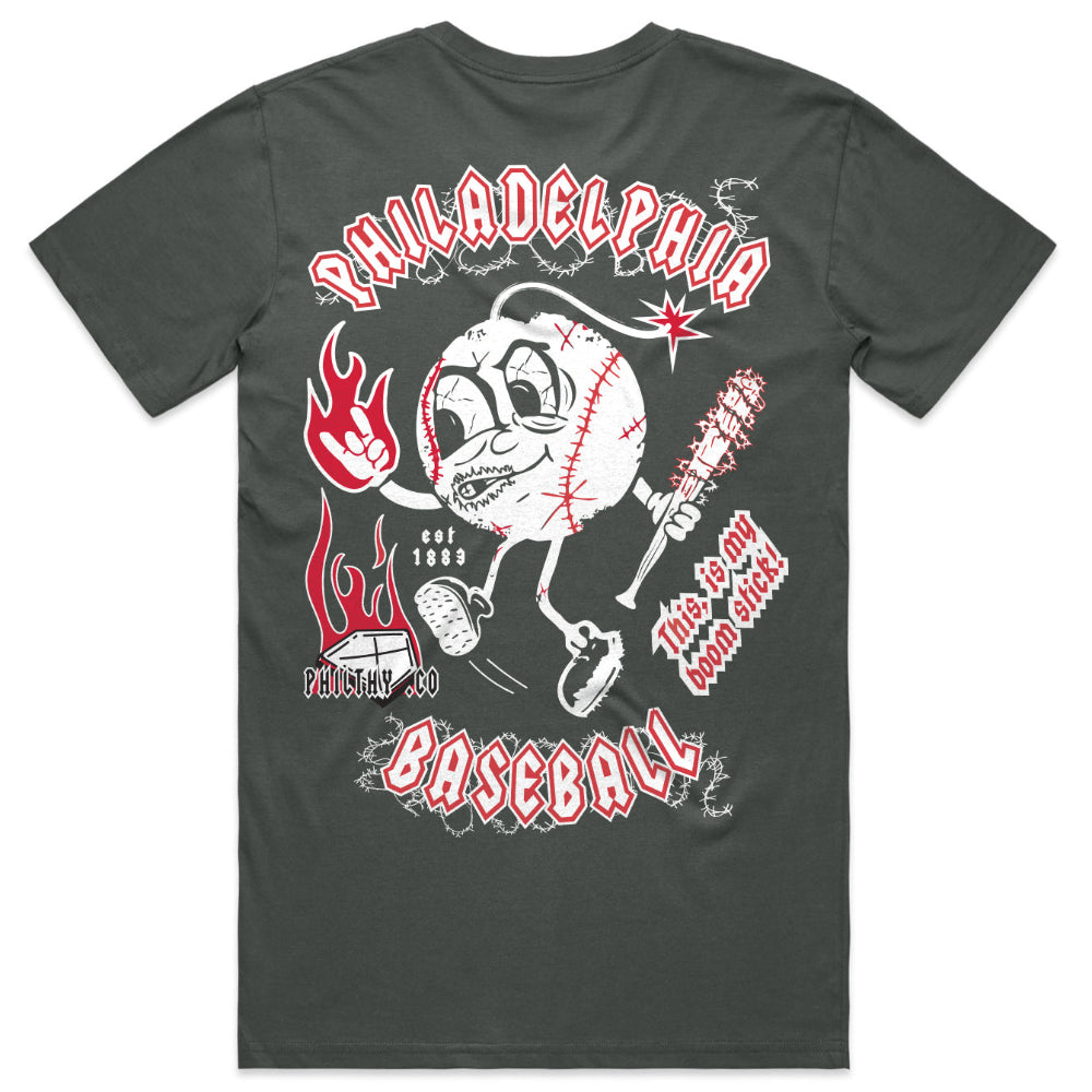 Philadelphia Phillies Grey baseball tee with fire, a barbed wire baseball bat. This is my boom stick Army of Darkness quote.