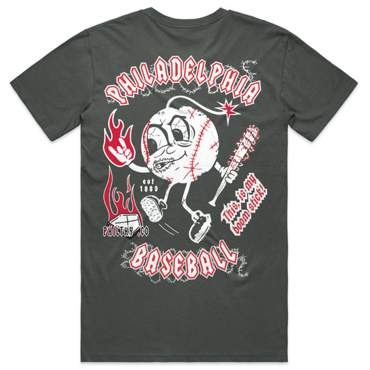 Philadelphia Phillies Grey baseball tee with fire, a barbed wire baseball bat. This is my boom stick Army of Darkness quote.