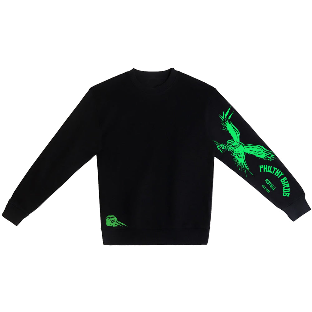 Philadelphia Eagles crewneck sweatshirt with kelly green eagles 90s waterfall text logo on the back with Philthy Football