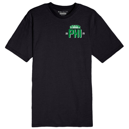 Black Philadelphia Eagles tee shirt front chest broad street sign, with eagles logo, SB LIX, super bowl champions, eagles tee, Philadelphia eagles t-shirt, go birds, 