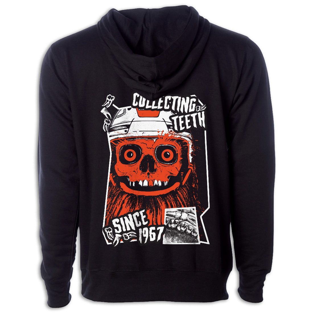 Philadelphia Flyers hoody with Gritty skull design with hockey helmet and flyers logo made of bones