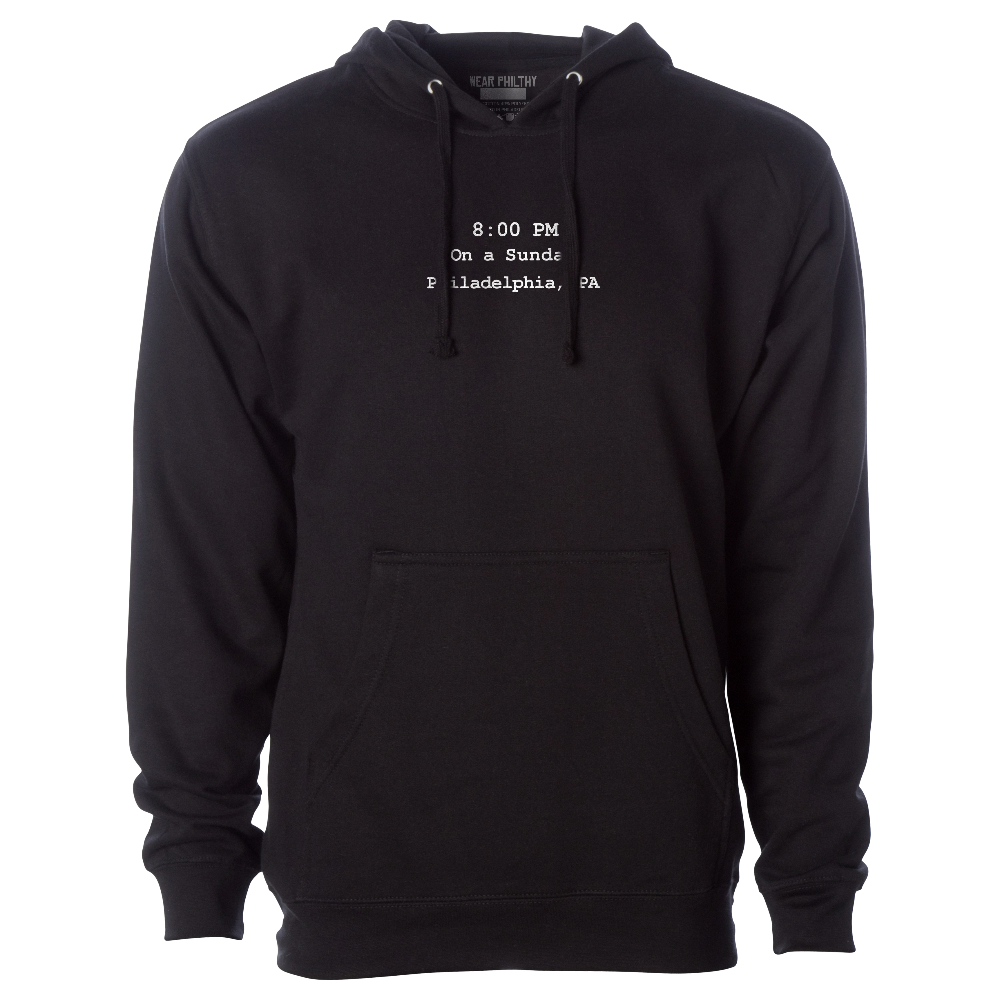 Its Always Sunny Inspired Philadelphia hoody, No One Like's Us, We Don't Care with the opening credits on the front in various times. "Sunday - Philadelphia PA 1:00P"