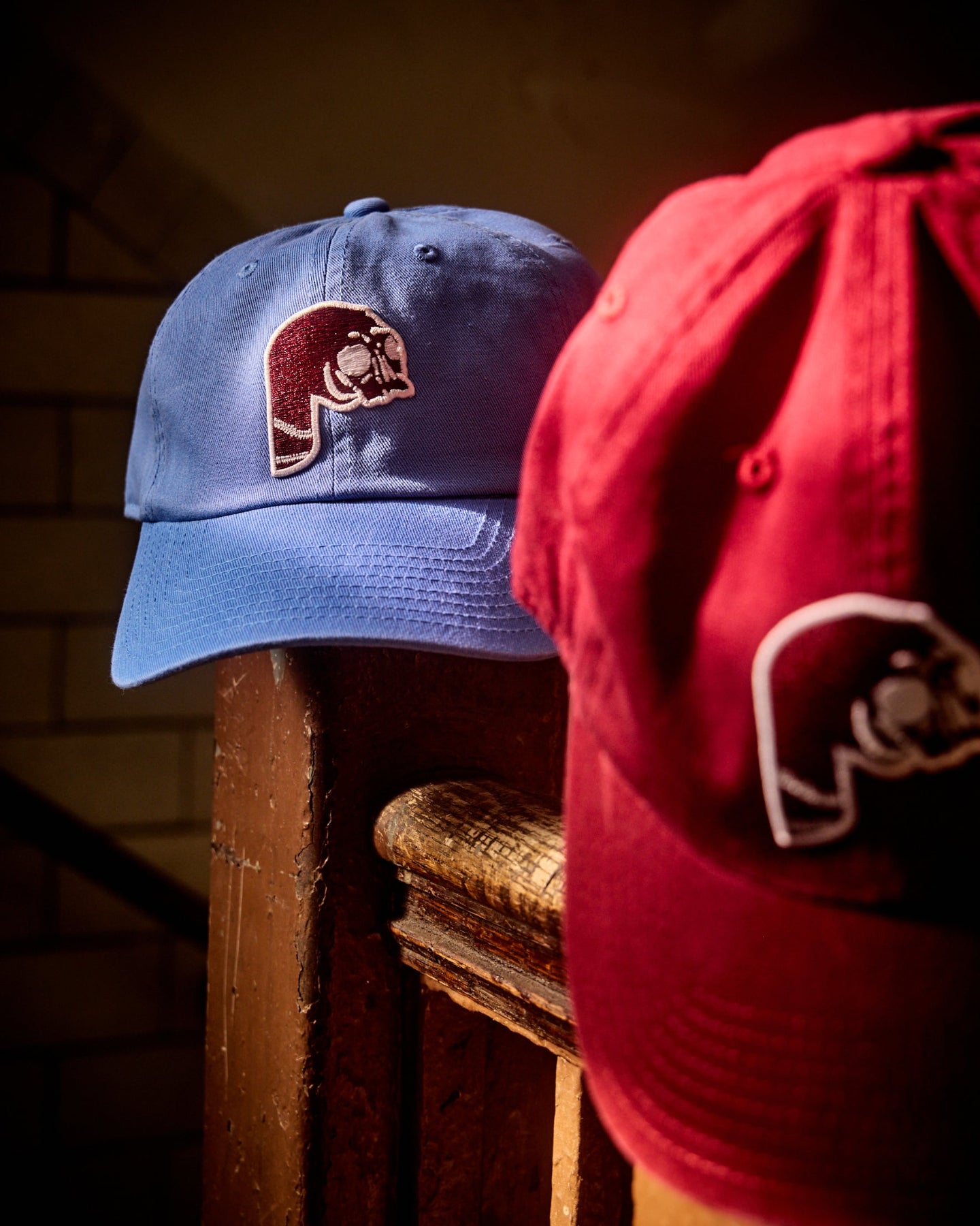 Maroon Philadelphia adjustable dad hat with old school Phillies maroon P Logo in maroon light blue, black or vintage black