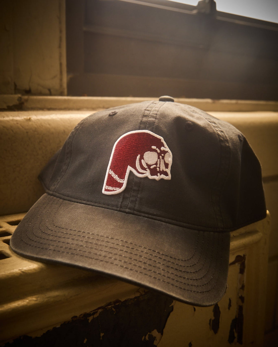 Maroon Philadelphia adjustable dad hat with old school Phillies maroon P Logo in maroon light blue, black or vintage black