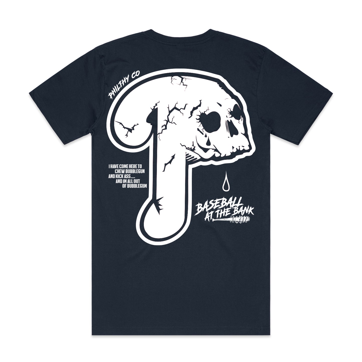 Philadelphia Phillies Logo Tee with white  P Skull Logo and Bedlam at the Bank design in a very dark Navy Blue color 
