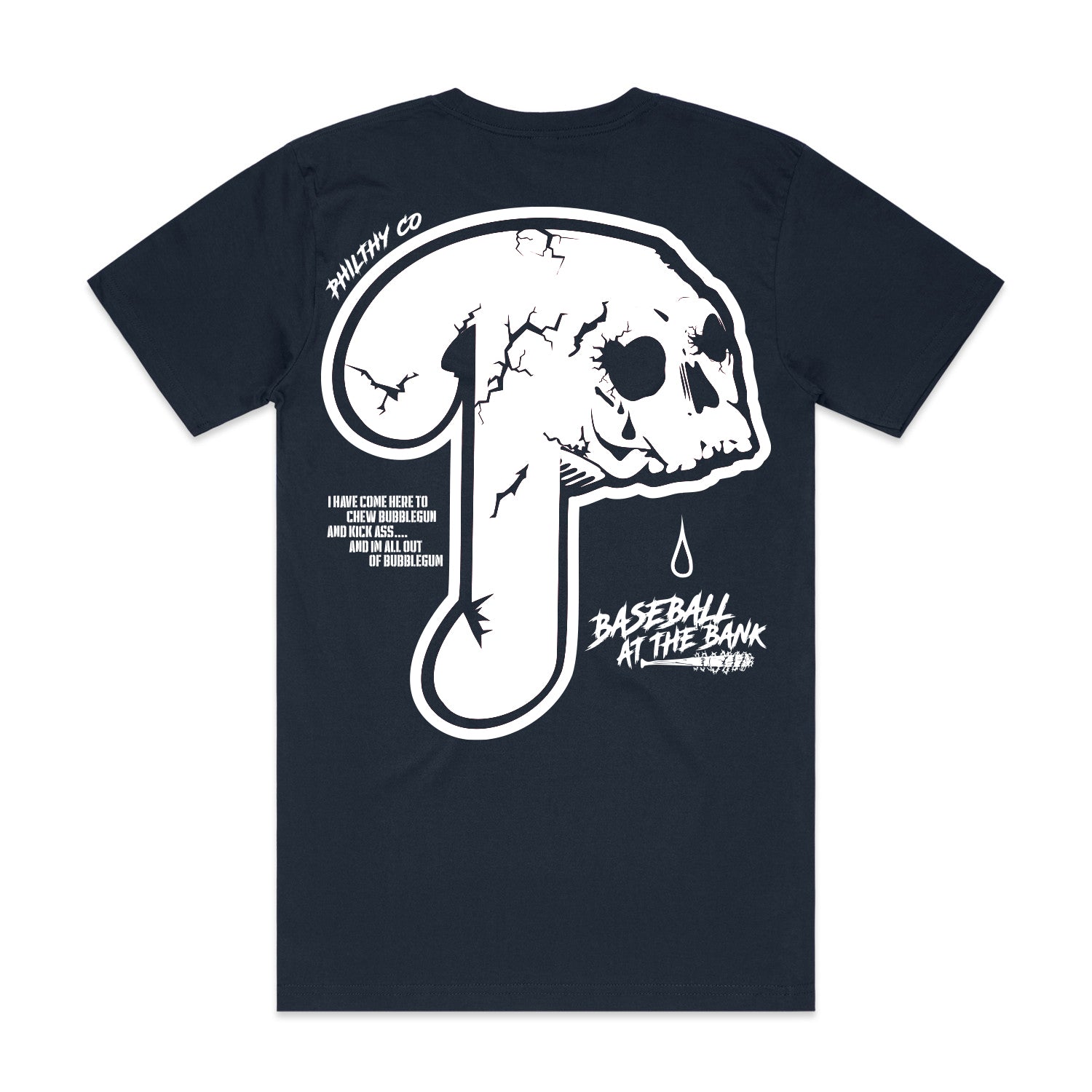 Philadelphia Phillies Logo Tee with white  P Skull Logo and Bedlam at the Bank design in a very dark Navy Blue color 