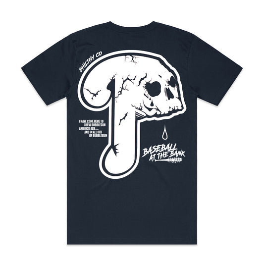 Philadelphia Phillies Logo Tee with white  P Skull Logo and Bedlam at the Bank design in a very dark Navy Blue color 