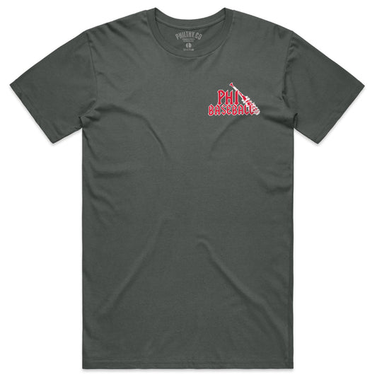 Philadelphia Phillies Grey baseball tee with fire, a barbed wire baseball bat. This is my boom stick Army of Darkness quote.