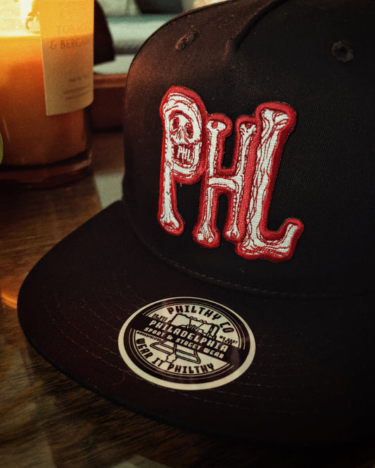 Philadelphia Fightins PHL Phillies black snapback hate with maroon and white PHL Phils logo embroidered patch
