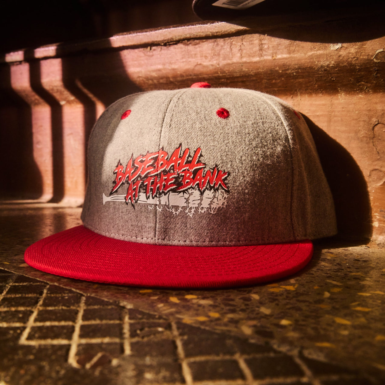 Philadelphia Phillies baseball red and grey two toned snapback hat with barbed wire baseball bat, bedlam at the bank design, citizens bank park 