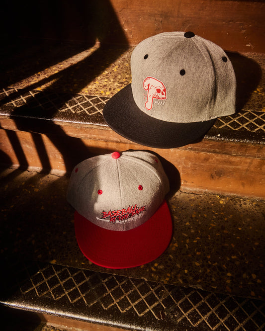 Philadelphia Phillies baseball red and grey two toned snapback hat with barbed wire baseball bat, bedlam at the bank design, citizens bank park 