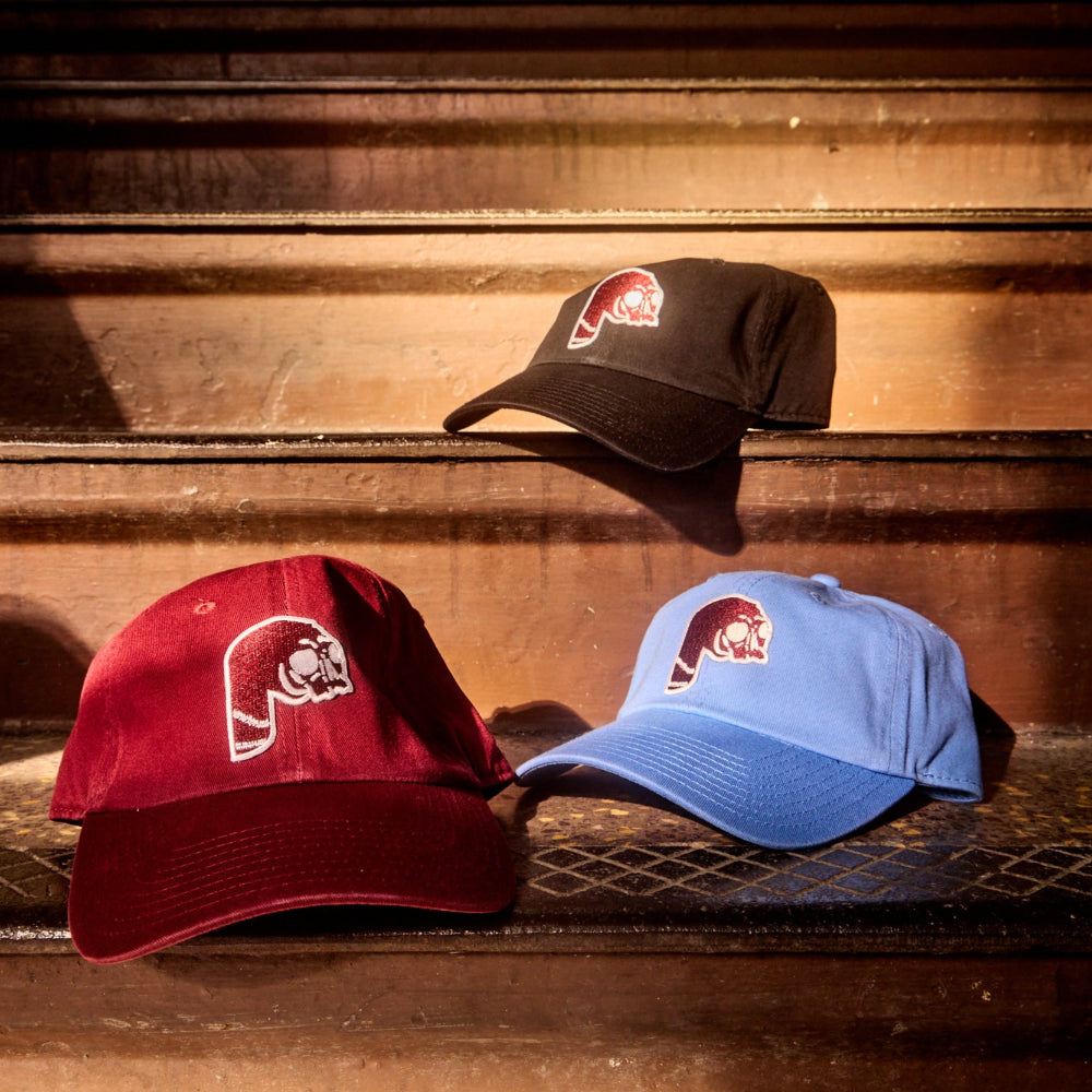 Maroon Philadelphia adjustable dad hat with old school Phillies maroon P Logo in maroon light blue, black or vintage black